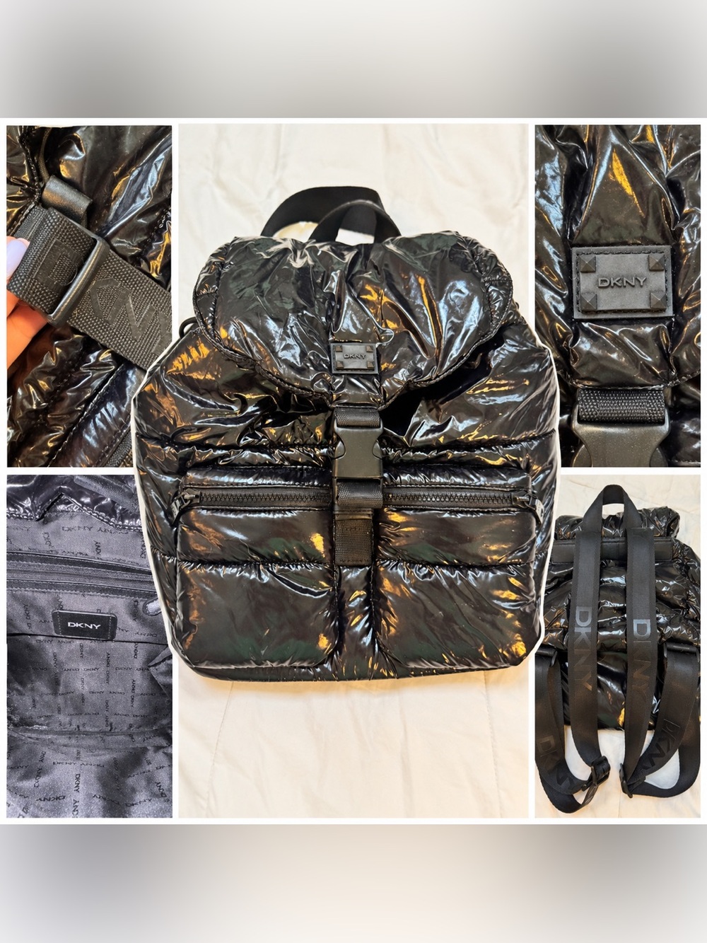 DKNY Glossy Black Quilted Puffer Backpack Purse - EUC